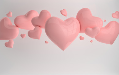 Wall Mural - Pink glossy shiny hearts on white background with reflection effect. Saint Valentine's day greeting card February 14 design element. Love, wedding marriage ceremony celebration concept. 3d render