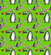 Watercolor Beautiful Seamless Pattern With Penguins, Hearts, Berries And Leafs. Celebrate Decor. Holidays Decorative Prints For Textile, Paper, Cards Etc