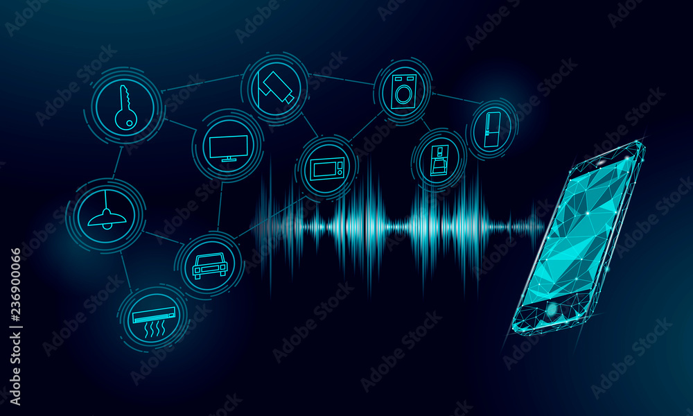 Voice assistant smart home control. Internet of things icon innovation technology concept. Wireless network soundwave smartphone IOT ICT. Artificial intelligence automation AI vector illustration - obrazy, fototapety, plakaty 