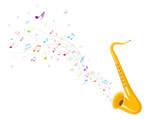 Wall Mural - Colorful music notes background with saxophone 