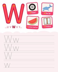 Wall Mural - Handwriting practice sheet. Basic writing. Educational game for children. Learning the letters of the English alphabet. Cards with objects. Letter W.