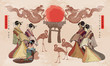 Japan art. Asian culture. Traditional Japanese, red sun, dragons and geisha woman