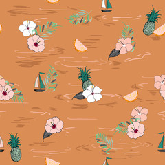 Wall Mural - Beautiful summer  island seamless pattern vector with plam leaves and hibiscus flowers