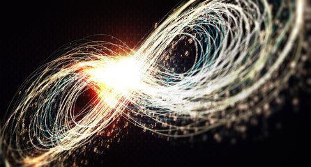 Leinwandbilder -  Infinity symbol of glowing lines. Mobius strip of luminous zeros and ones and lines. Infinity symbol of glowing lines and binary code on a dark background. The concept of circulation of information.