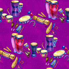 Seamless pattern with drums and percussion in watercolor style and decorative geometric elements on purple pink background. Colorful design for music party. Hand draw illustration