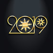 2019 Black Background New Year or Christmas  creative greeting card design Golden numbers and snowflakes