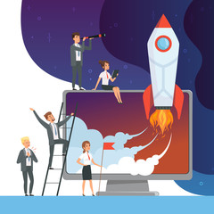 Canvas Print - launch startup concept. business illustrations of office managers with rocket space new idea of web 
