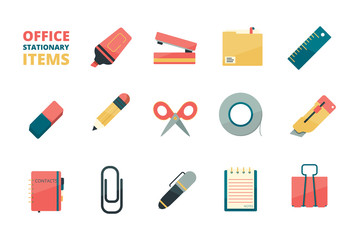 Wall Mural - Stationary items. Business office tools paper folder pencil eraser pen paper clip stapler marker vector flat icons collection. Office stationery pen and notebook illustration