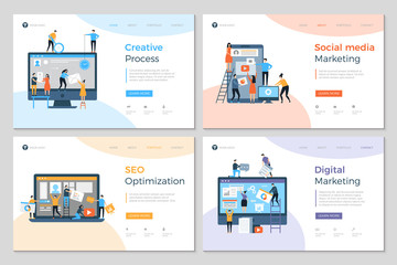 Sticker - Landing pages design. Business creative website construction advertizing agency mobile pc development designing layout vector template. Social media marketing and seo optimization illustration