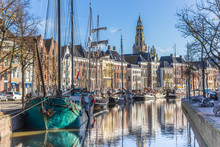 Historic Ships In The Hoge Der Aa Canal Of Groningen, Netherlands
