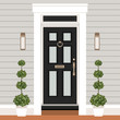 House door front with doorstep and steps, window, lamps, flowers, entry facade building, exterior entrance design illustration vector in flat style