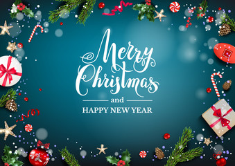 Wall Mural - blue holiday card with christmas decorations and balls, stars, gift boxes, fir tree branches on fair