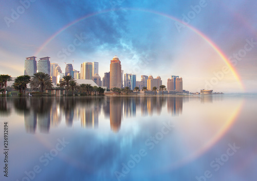 Fotografie, Obraz Skyline of West Bay and Doha City Center during rainbow, Qatar