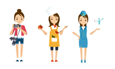 Poster - Women of different professions set, photographer, cook, stewardess vector Illustration on a white background