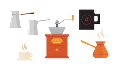 Sticker - Flat vector set of icons related to coffee theme. Cups, Turkish cezve pots and coffee grinder. Hot drink