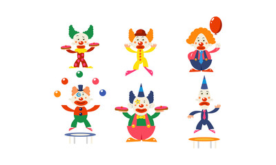 Poster - Flat vector set of clowns in different actions. Circus artists in colorful wigs. Funny cartoon characters