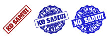 KO SAMUI Grunge Stamp Seals In Red And Blue Colors. Vector KO SAMUI Overlays With Grunge Texture. Graphic Elements Are Rounded Rectangles, Rosettes, Circles And Text Titles.