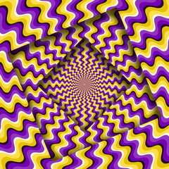 Abstract turned frames with a rotating purple yellow wavy pattern. Optical illusion background.