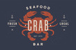 Crab, seafood. Vintage icon crab label, logo, print