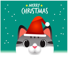 Vector Christmas Card Of Cute Cat Head Wearing Santa Claus Hat, Merry Christmas