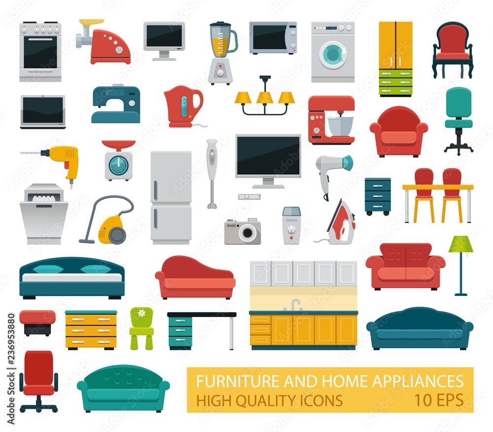 High quality icons of home appliances and furniture - obrazy, fototapety, plakaty 