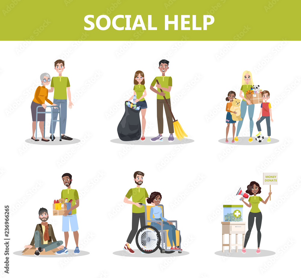 Voluntary Help Examples Volunteer help people set. Collection of charity Stock Vector | Adobe Stock