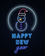 Happy New Year neon shiny card with snowman on brick background.