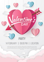 Valentines day party poster background with Heart paper cut style. Can be used for Wallpaper, flyers, invitation, posters, brochure, banners. Vector illustration.