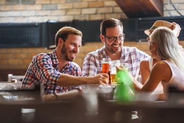 Wall Mural - Young cheerful people in the beer pub drinking and having good time