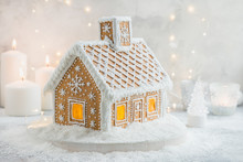 Beautiful Handmade Gingerbread House With Snow For Christmas And New Year, White Backround