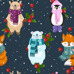 Wall Mural - cute children illustration of a winter forest and animal deer, penguin, fox and bear. Christmas card.