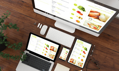 Wall Mural - devices collection top view with online supermarket website