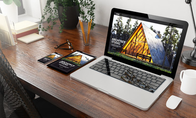 Wall Mural - devices architect studio on wooden desktop