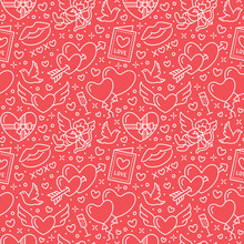 Valentines Day Seamless Pattern. Love, Romance Flat Line Icons - Hearts, Chocolate, Kiss, Cupid, Doves, Valentine Card. Red White Wallpaper For February 14 Celebration
