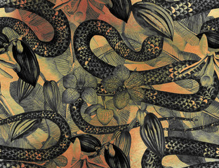 Tropical seamless pattern with tropical flowers, banana leaves and a snake