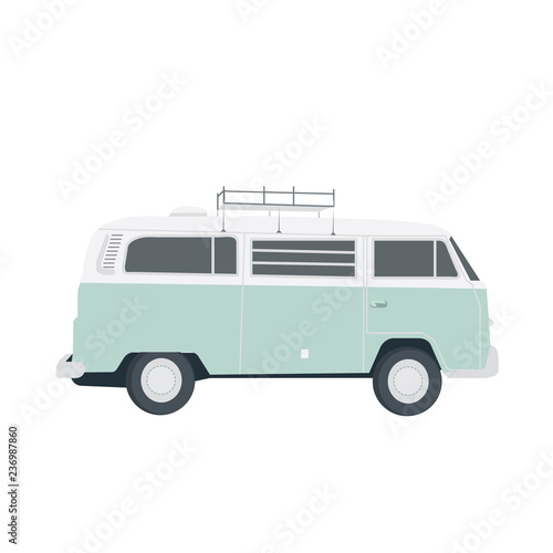 Cuadros en Lienzo Vector blue retro bus isolated on white. Simple flat illustration