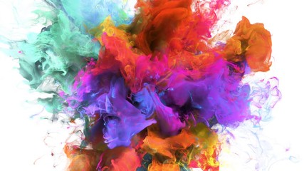 Color Burst - colorful orange cyan magenta pink yellow smoke explosion fluid gas ink particles slow motion alpha matte isolated on white