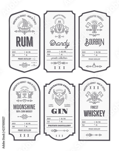 Photographie Set of vintage bottle label design with ethnic elements in thin line style