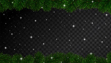 Christmas Border With Fir Tree Branches, Sparkles And Snow Isolated On Dark Background. Vector Design Element For Holiday Card Decoration Or Banner