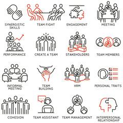 Wall Mural - Vector set of linear icons related to business process, team work, human resource management and stakeholders. Mono line pictograms and infographics design elements - part 6