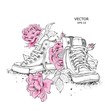 Floral background of peonies and shoes. Drawn sneakers in beautiful colors. Delicate print for women's clothing, notebooks and more. Vector illustration