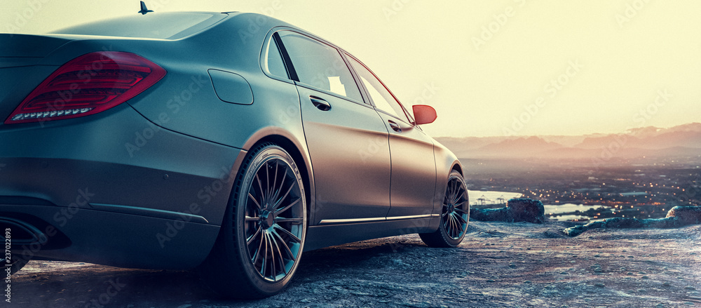 Luxury car parked on a mountain.
3D render and illustration. - obrazy, fototapety, plakaty 