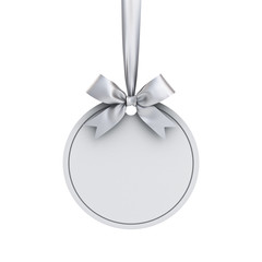 Blank white paper round christmas ball frame tag label card template hanging with shiny silver ribbon and bow isolated on white background for christmas decoration 3D rendering