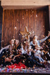 Friends play with confetti on New Year celebration, Home atmosphere, Christmas