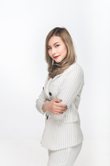 Portrait of businesswoman wear white suit on white background