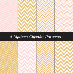 Wall Mural - Gold, Blush Pink and White Chevron Seamless Vector Patterns. Subtle Feminine Pastel Color Backgrounds. Various Width Zigzag Stripes. Repeating Pattern Tile Swatches Included