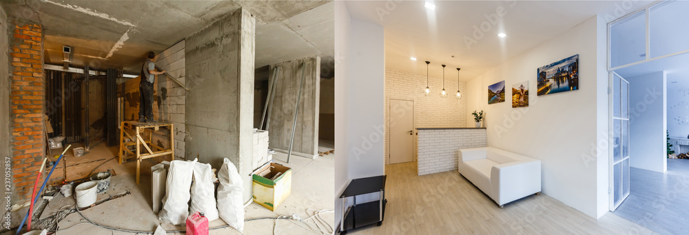Comparison of a room in an apartment before and after renovation new house - obrazy, fototapety, plakaty 