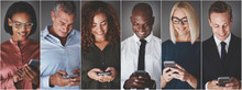 Smiling Group Of Diverse Businesspeople Sending Text Messages