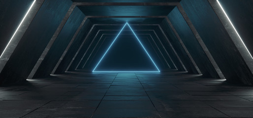 Sci Fi Spaceship Modern Futuristic Dark Empty Grunge Concrete Corridor Tunnel With White Lights And Circle Shaped Neon Gloing Blue Light Background 3D Rendering