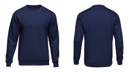 Sticker - Blank template mens blue pullover long sleeve, front and back view, isolated on white background. Design sweatshirt mockup for print